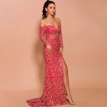 

Fashion Celebrity Sexy women Body con Evening Wedding Party Dress Strapless Backless Deep Slit Sequined Long dresses Wholesale