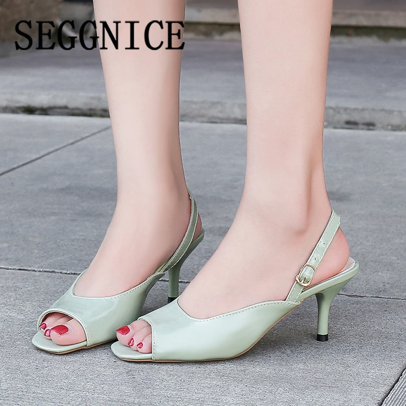 

Women Summer 2019 Open Toe Pumps Kitten Heel Slingbacks Causal High Heel Sandals Leather Ladies Fashion Black White Shoes