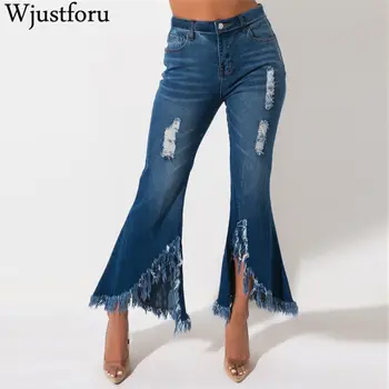 

Wjustforu Skinny Ripped Flare Jeans For Women Fashion Hollow Hole Wide Leg Denim Pants Female Casual Long Jean Pants Vestidos