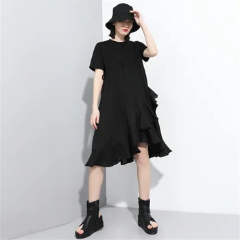 

2020 New Summer Women Midi Irregular Dresses Original Design Female Short-sleeve Street Style Dress Ladies Black Dresses Vestiti