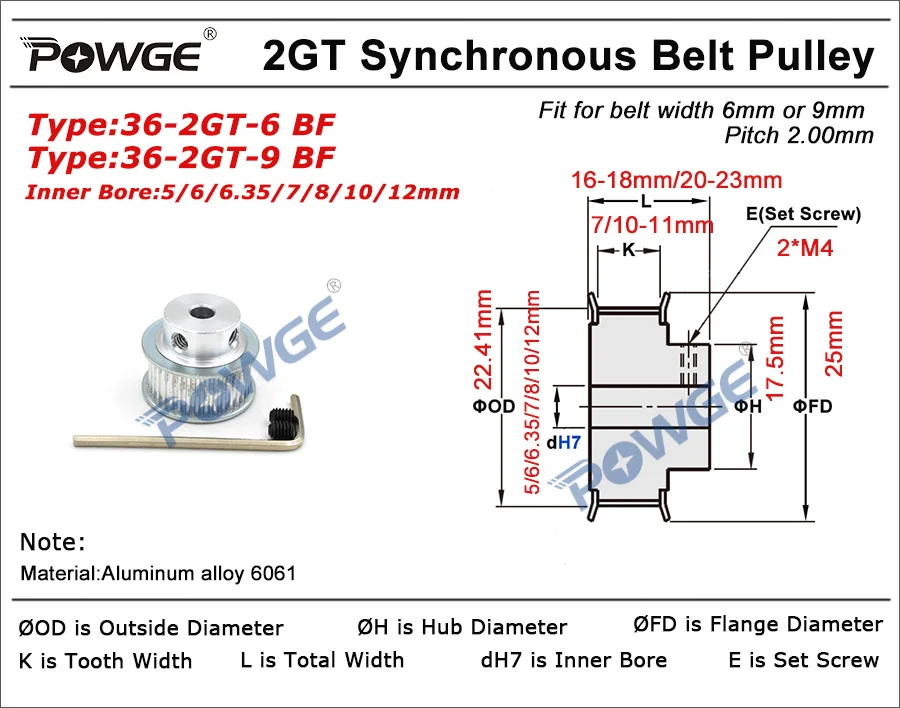 Timing Belt Pulley Timing Pulley POWGE GT 36 Teeth 2GT Timing Pulley