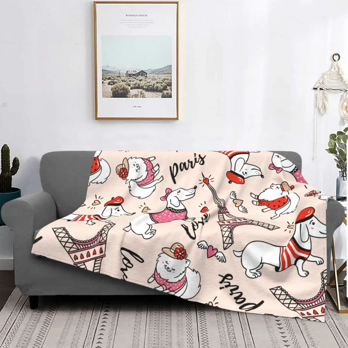 

French Style Cute Cartoon Dachshund And Eiffel Tower Flannel Throw Blankets Dog Lover Blanket for Bedding Office Soft Quilt