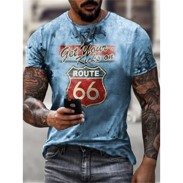 Summer New Mens T Shirts Oversized Loose Clothes Vintage Short Sleeve Fashion America Route 66 Letters Printed O Collared Tshirt 1688-P-0112
