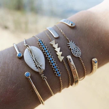 

Tocona Bohemia Pineapple Shell Gold Bracelets Boho Indian Jewellery Adjustable Open Ethnic Bracelets for Women pulseras 9628