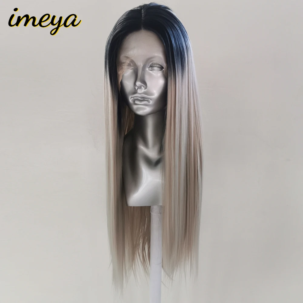 Imeya Ombre Цвет 150% плотность шелковистые прямые 13x4 синтетические парики на кружеве два тона термостойкие Замена для женщин