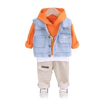 

Spring Autumn Baby Boys Girl Cotton Clothes Children Hooded Denim Vest Pants 3Pcs/sets Infant Out Kid Fashion Toddler Tracksuits