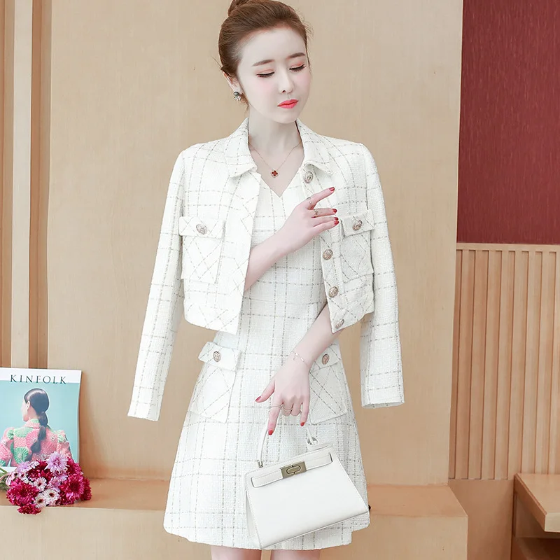 Весенне-осенняя Женская рабочая одежда, костюм с платьем, Женский комплект из 2 предметов в сине-белую клетку, куртка и платье, корейские платья