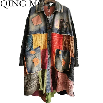 

QING MO Women Cowboy Overcoat 2020 Autumn Contrast Water Wash Distressed Coat Long Plus Size Trench Coat Splicing Casual LHXX230