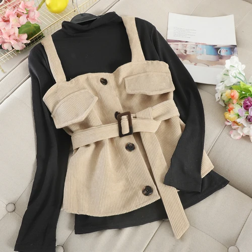 black apricot Neploe Мода 2 шт. для женщин комплект Водолазка однотонная Нижняя футболка+ тонкий пояс поддельные карман вельвет Camis Conjuntos - Цвет: black apricot