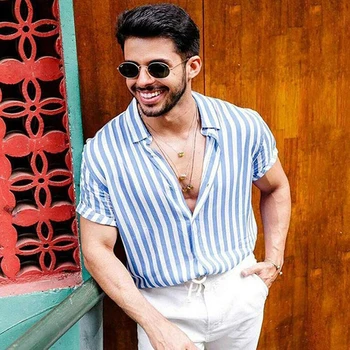 

Summer Man Shirt Mens Striped Turn-down Collar Cotton Short Sleeve Loose Casual Shirt