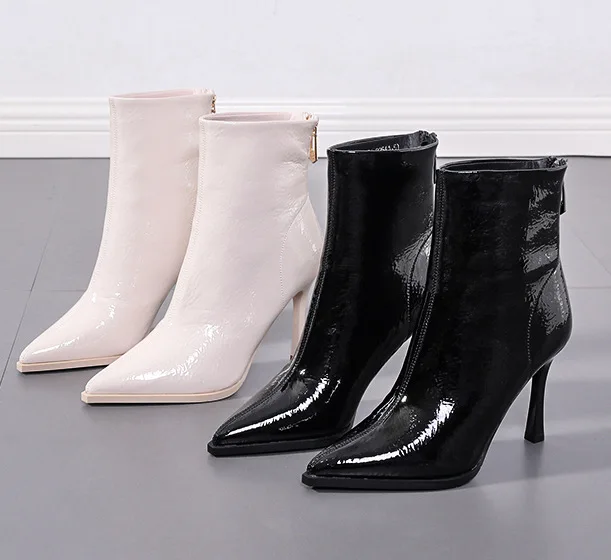 Women Sexy High Heeled Boots Fashion Zipper Thin Heel Ankle Ladies Pointed Toe Autumn Winter Shoes Woman Black Beige | Обувь