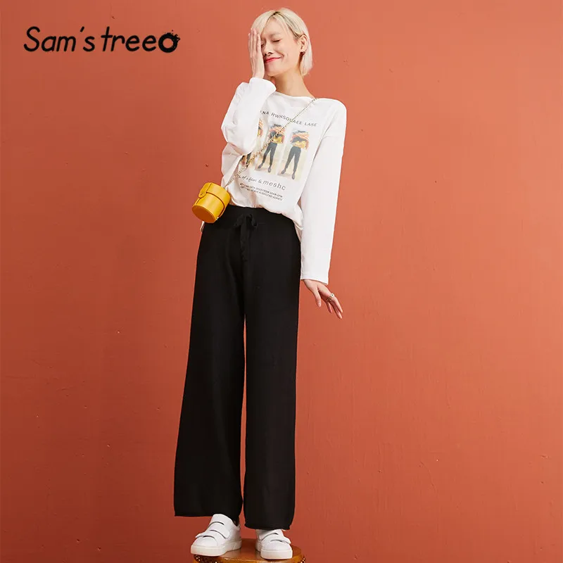 

SAM'S TREE Black Solid Knitted Wide Leg Casual Women Pants 2019 Winter Apricot Pure Drawstring High Waist Loose Female Trouser