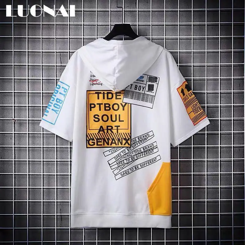 

Summer Hip-hop Student Hooded T-shirt Men's Patch Printing Thin Short-sleeved Sweater with Hood Japanese Top Clothes