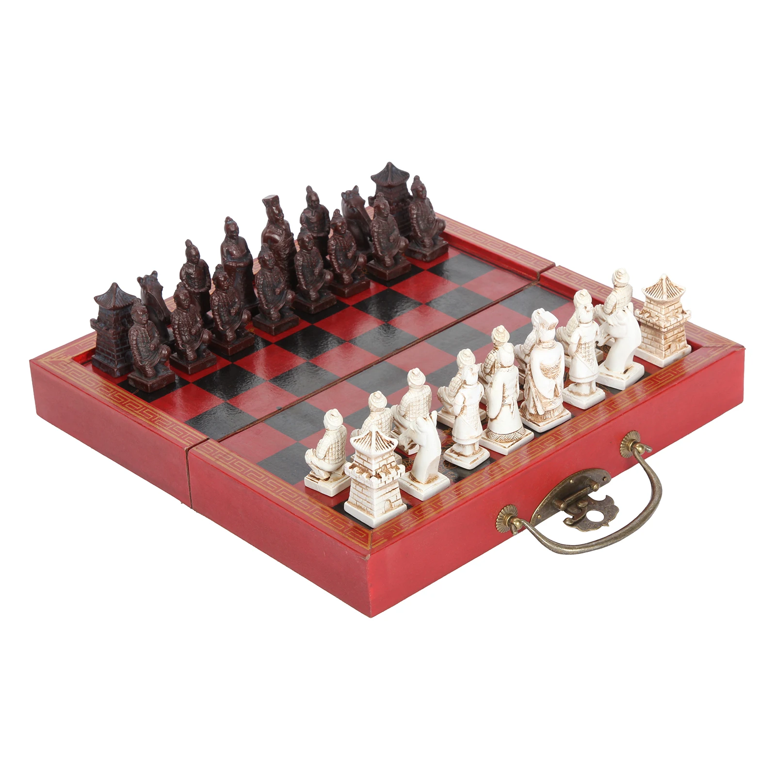 Antique Chess Set Board Terracotta Army Wood Carved Unique Vintage Collectible 