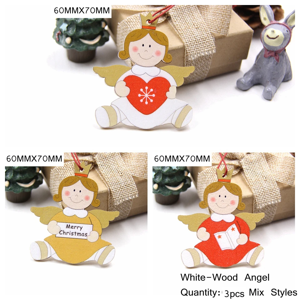 3PCS-Mix-W-Angel 3 шт./партия, милые рождественские деревянные подвески, украшения из дерева, подвесные украшения, детские игрушки для дома, новогодние украшения подарки - Цвет: 3PCS-Mix-W-Angel