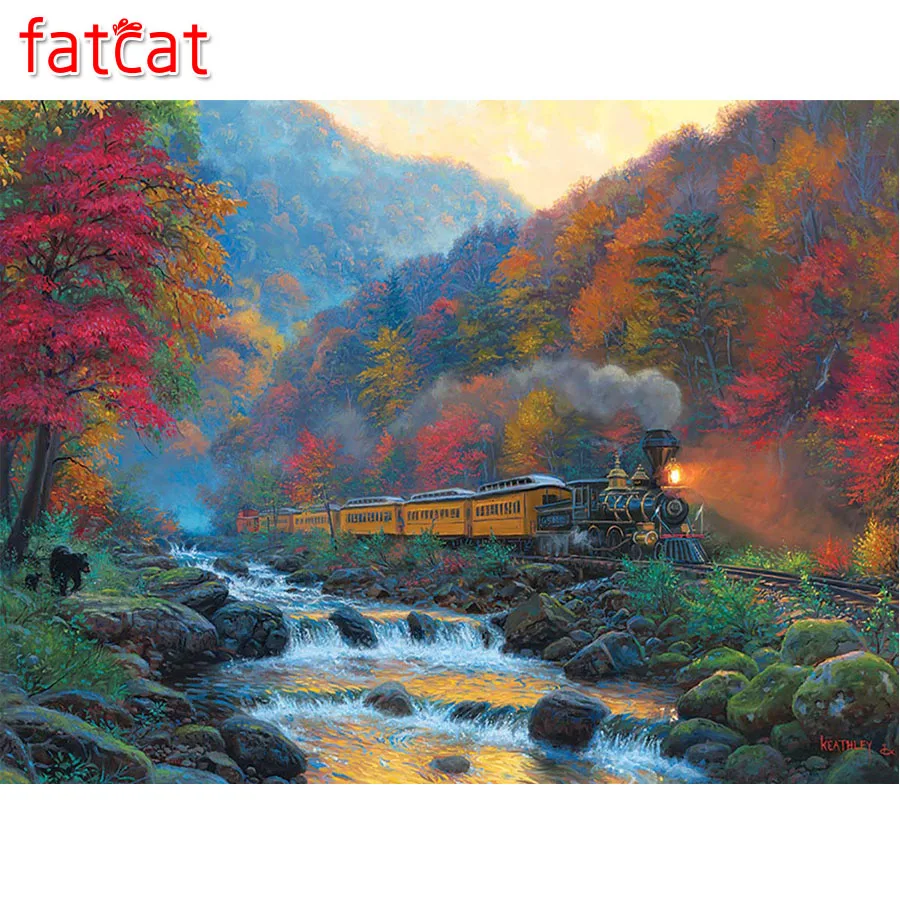 FATCAT 5d diy Diamond Painting Mountain Train Embroidery scenery Full Square Round Drill Mosaic stickers decor AE604 | Дом и сад