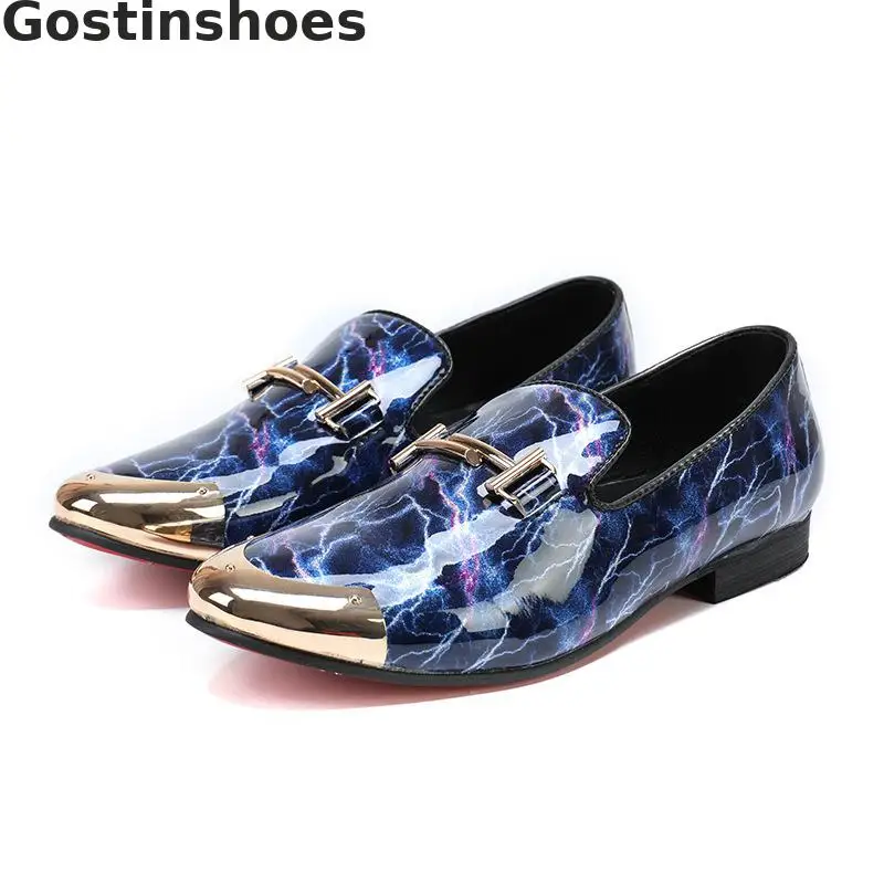 

Men Loafers Blue Genuine Leather Slip-on Round Toe Metal Capped Casual Leather Shoes Fashion Youth's Shoes Comfortable Low Heel