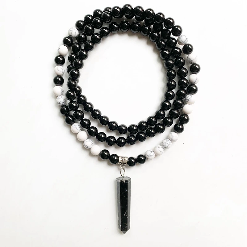 

Natural Black Onyx Stone Mala Beads Necklace Bracelet Men Howlite Spiritual Crystals Tourmaline Hexagonal Pointed Pendant