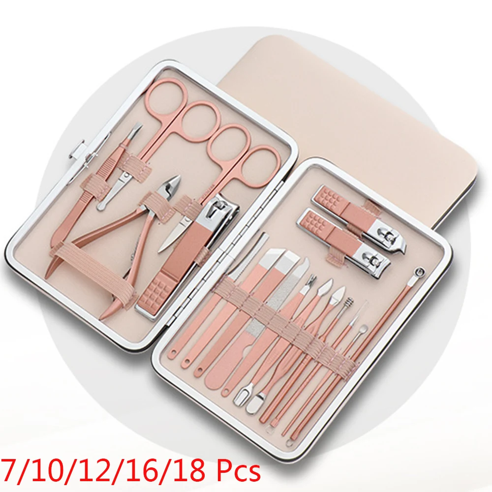 

7/10/12/16/18 Pcs Stainless Steel Manicure Nail Clipper Cutter Trimmer Ear Pick Grooming Kit Pedicure Scissor Nail Care Tool