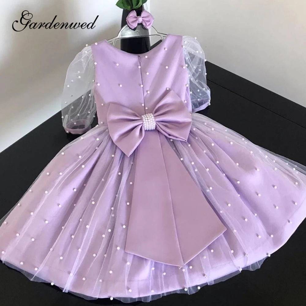 

Lovely Pearls Purple Flower Girl Dresses O-Neck Big Bow Sash Girls Pageant Dresses Satin Short A-Line Baby Wedding Party Dress