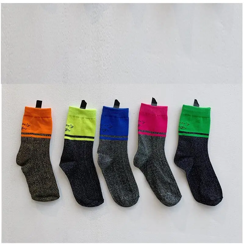 Женские однотонные неоновые Гольфы с металлическим люрексом, блестящие яркие неоновые, желтые, оранжевые зимние короткие носки для девочек, 5 пар/лот AL211SC