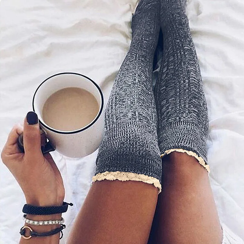 

Fashion Ladies Knee High Lace Socks Women Over Knee Socks Thigh High Thick Lovely Girl Knitting Long Stockings