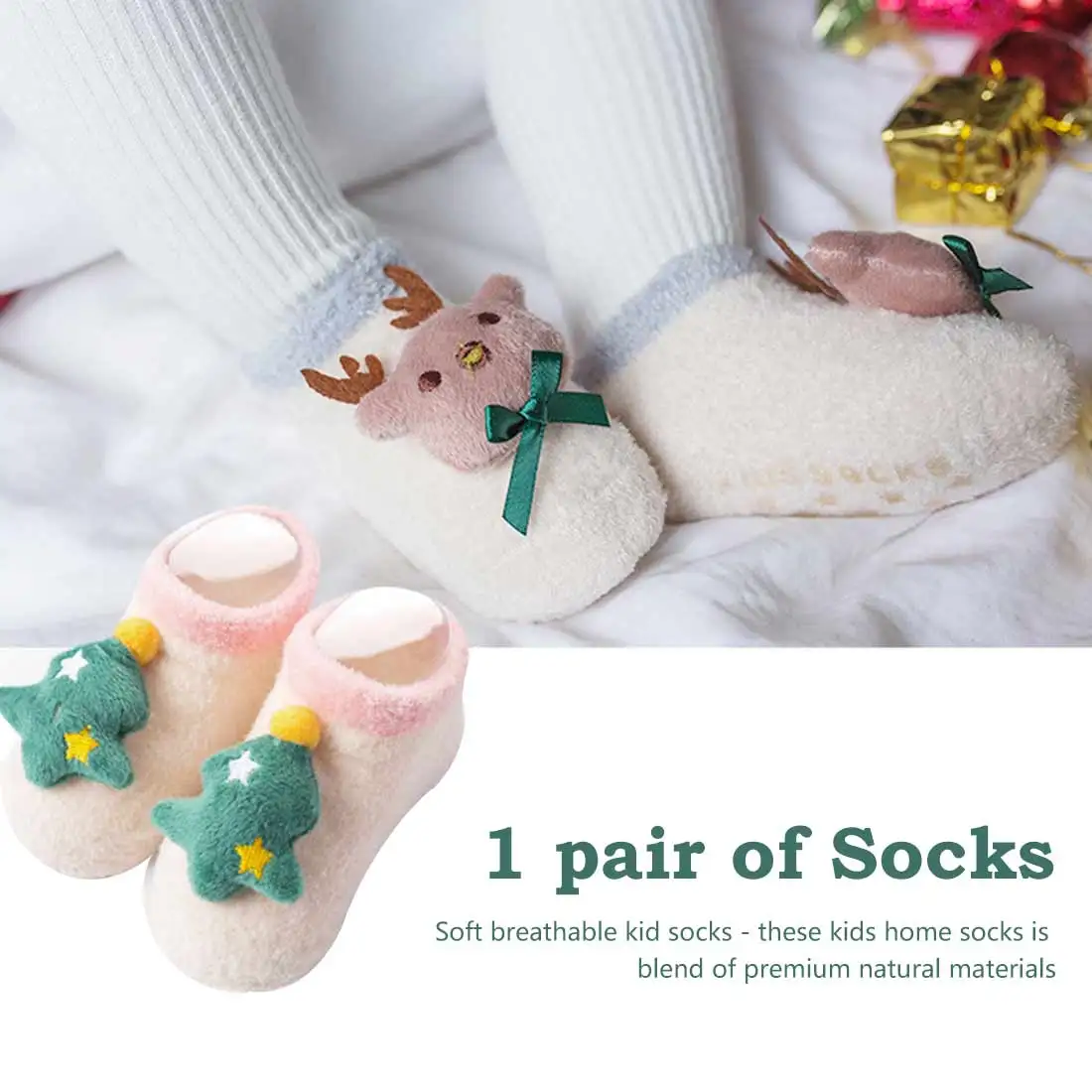 Детские Рождественские Нескользящие короткие носки; зимние теплые носки для новорожденных; носки для мальчиков и девочек с изображением рождественской елки, лося, Белла