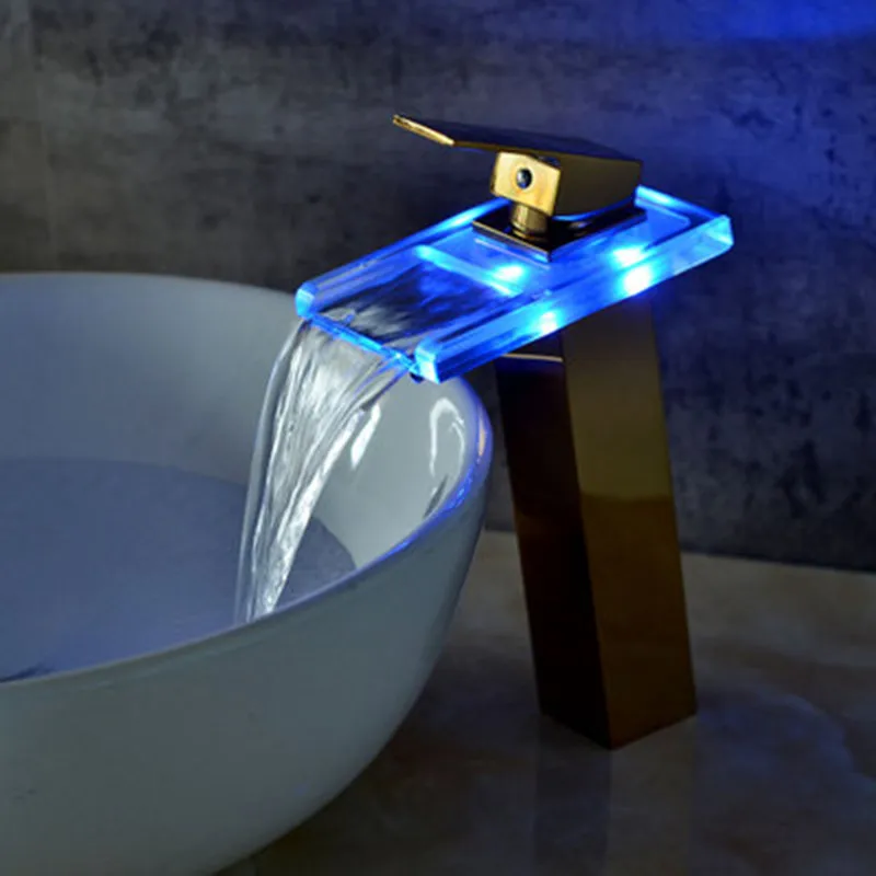 Bathroom Waterfall Led Faucet Gold Glass Waterfall Brass Basin