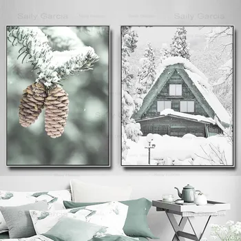 

Nature and Fresh Snow Poster Painting Mountain Deer Pineta Tree Forest Frost Canvas Wallpaper Decorated for Office Home