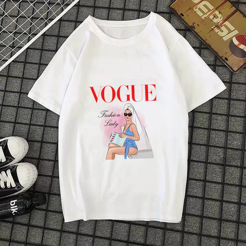 Summer New 2020 Fashion T shirt Women VOGUE letter print Harajuku Tshirt O-neck Short Sleeve T-shirt White Tops Female Clothing