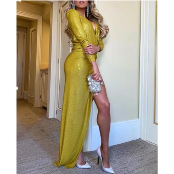 

2020 Sexy V-Neck Shiny Sequin Golden Party Dress Stretchy Long Sleeve Split Tight Ladies Autumn Dresses