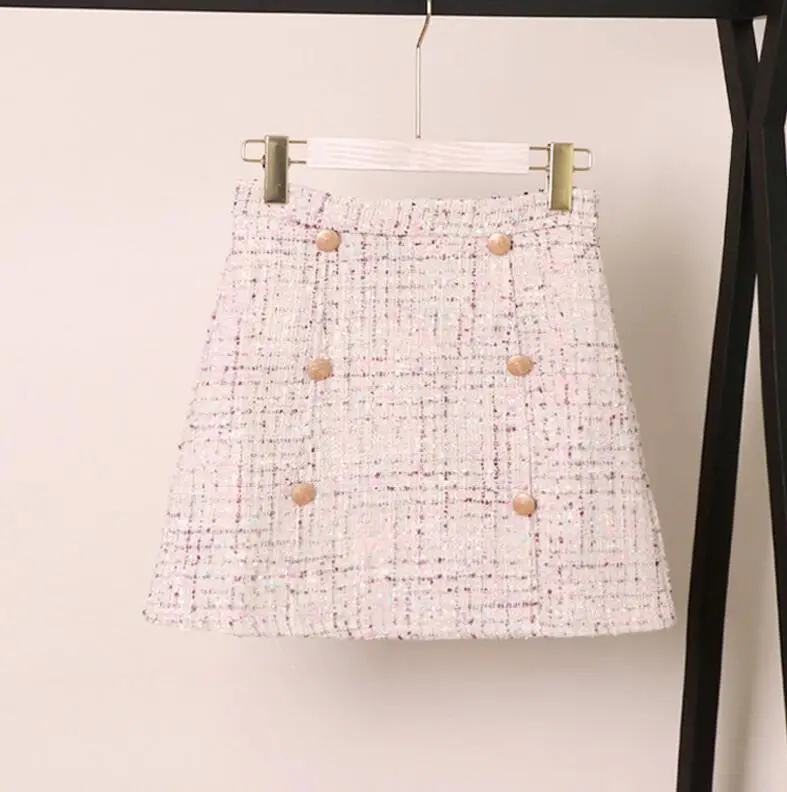 Бежевый Women Tweed Skirt Korean Autumn/winter High Waist Slimming A Fashion Double-breasted Mini Skirt mujer - Цвет: Бежевый