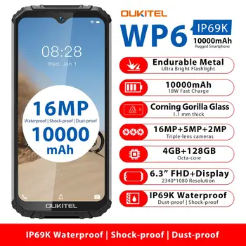 OUKITEL WP6 10000mAh 4GB 128GB 6.3'' FHD+ IP68 Waterproof Mobile Phone Octa Core 16MP Triple Cameras Rugged Smartphone