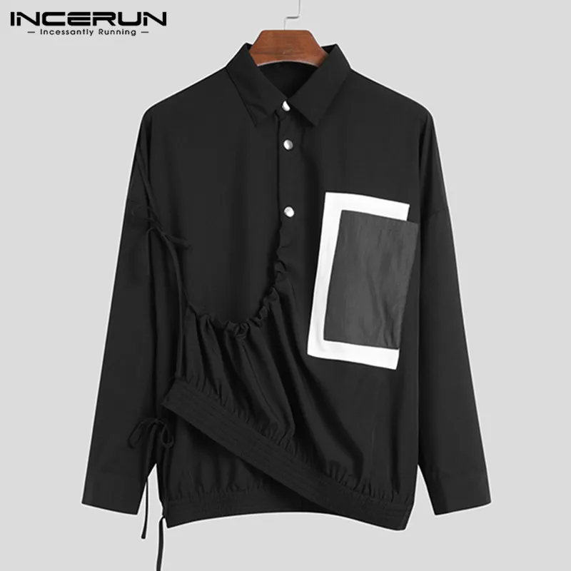 Men Shirt Blouse Lace-Up INCERUN Korean-Fashion Long-Sleeve Patchwork Streetwear Casual