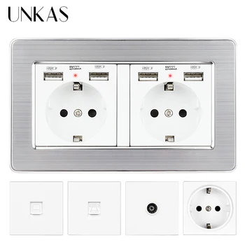 

UNKAS EU / French Socket With Dual USB Port + TV RJ11 Telephone RJ45 Internet Computer Jack 146mm * 86mm Stainless Steel Panel