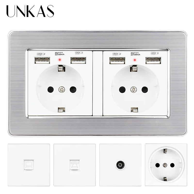 UNKAS Европейская/французская розетка с двумя USB-портами + ТВ RJ11 телефонный разъем