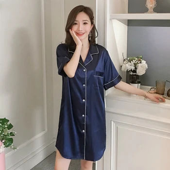 

Nightgowns Women Leisure Thin Turn-down Collar Breathable Elegant Comfortable Womens Loose Solid Daily Sleepwear Korean Style