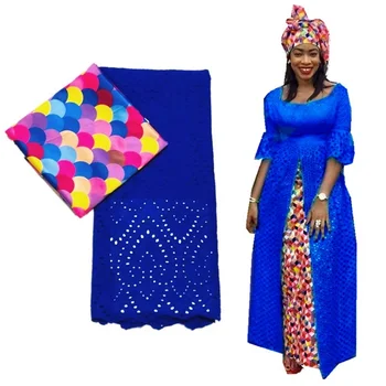 

Lasted 3yards soft african real silk wax satin fabric+2.5 yards royal blue swiss voile lace in switzerland for party dress new!