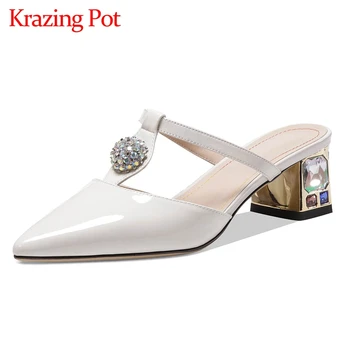 

Krazing Pot 2020 limited customization big size pointed toe med heel slip on mules rhinestone beauty lady party women pumps L97