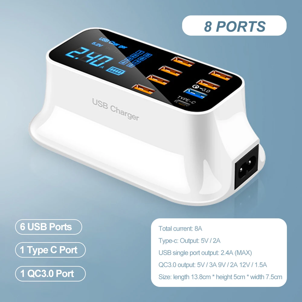US $22.07 8 Ports QC30 Type C USB Charger For Android IPhone Adapter Phone Tablet Digital Display Fast Charger For Xiaomi Huawei Samsung