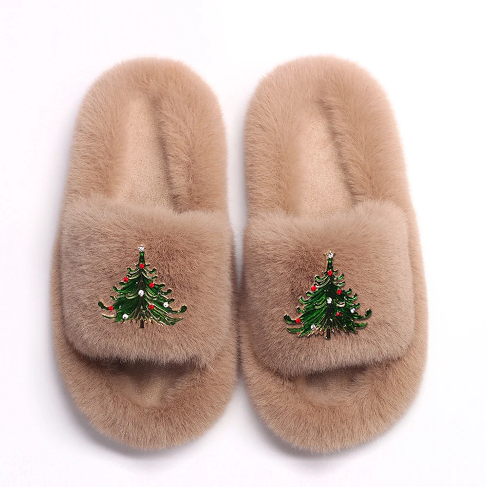 Winter Slippers Christmas Tree Decor Furry Slides Ladies Fluffy Flip Flops Fashion Slippers Platform Sandals Designer Shoes 2021