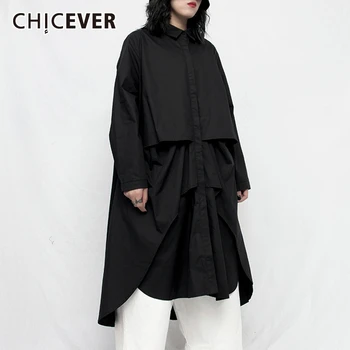 

CHICEVER Casual Dress For Women Lapel Collar Long Sleeve Patchwork Irregular Oversize Loose Casual Midi Dresses 2020 New Fashion