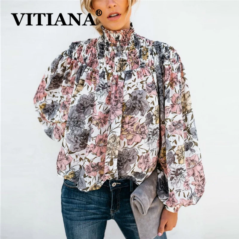 

VITIANA Women Casual Loose Long Sleeve Chiffon Blouse Autumn Winter 2019 Female Vintage Turtleneck Print Womens Tops and Blouses