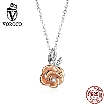 

VOROCO BNN155 Genuine 925 Sterling Silver Stylish Rose Golden Bloosom Flower Pendant Necklace Original Design Wedding Jewelry