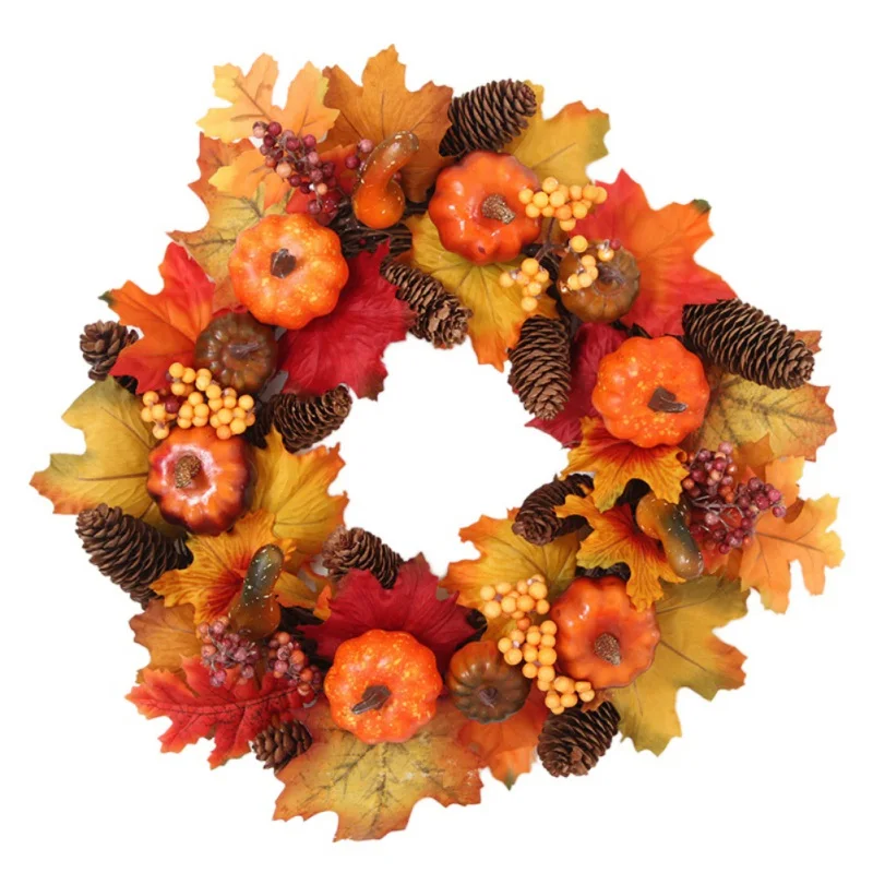 

Halloween Wreath Halloween Autumn Holiday Artificial Pumpkin Maple Leaves Wreath With Pine Cone Berries Front Door Decoration