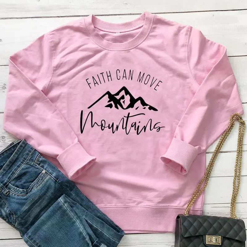 

Spring Autumn Faith Can Move Mountains Christian Sweatshirt Women Catholic Church Pullovers New Graphic Quote Hoodies Streetwear