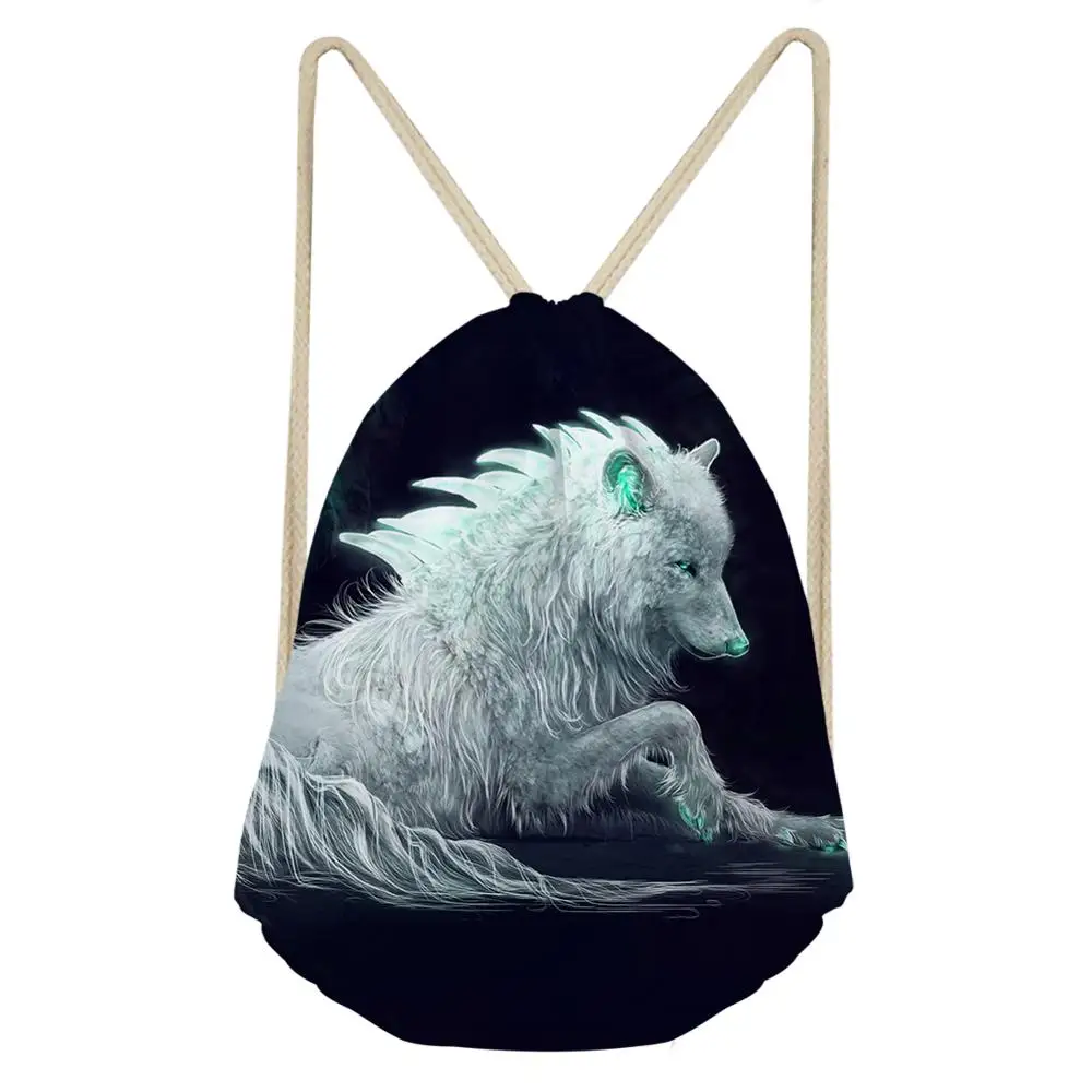 HaoYun Women's Drawstring Bags Cartoon Fantasy Wolf Pattern Beach Shoes Pockets Fashion Boys & Girls Mini Travel Organizer Bags