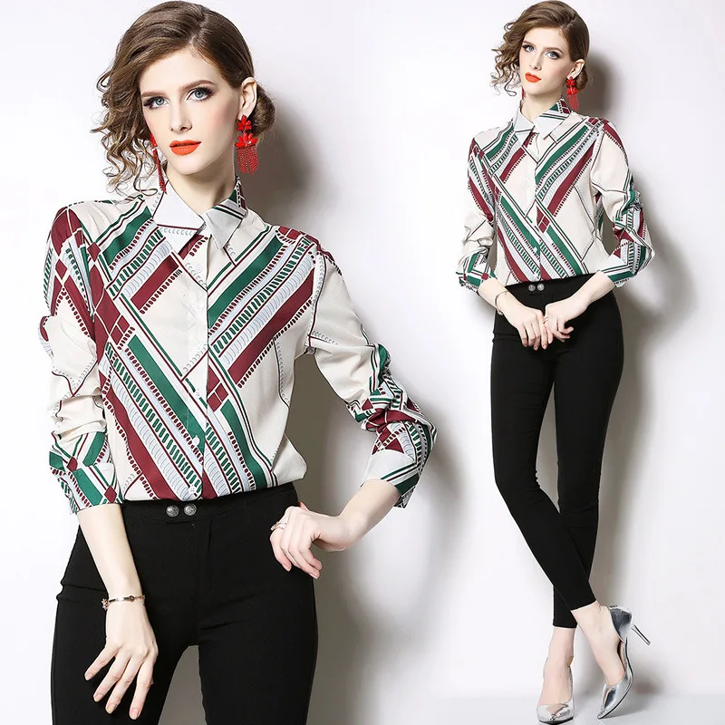

Floral Stripped Blouse Women Full Long Sleeves blusas de mujer Daily Casual blouses femme Elegant Turn Down Collar womens tops