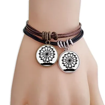 

Black Ferris Wheel Amusement Park Silhouette Bracelet Double Leather Rope Wristband Couple Set