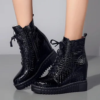 

Hot Sale Genuine Leather shoelaces Height Increased Heels Cow Skin Fashion Winter Boots Women Shoes Female